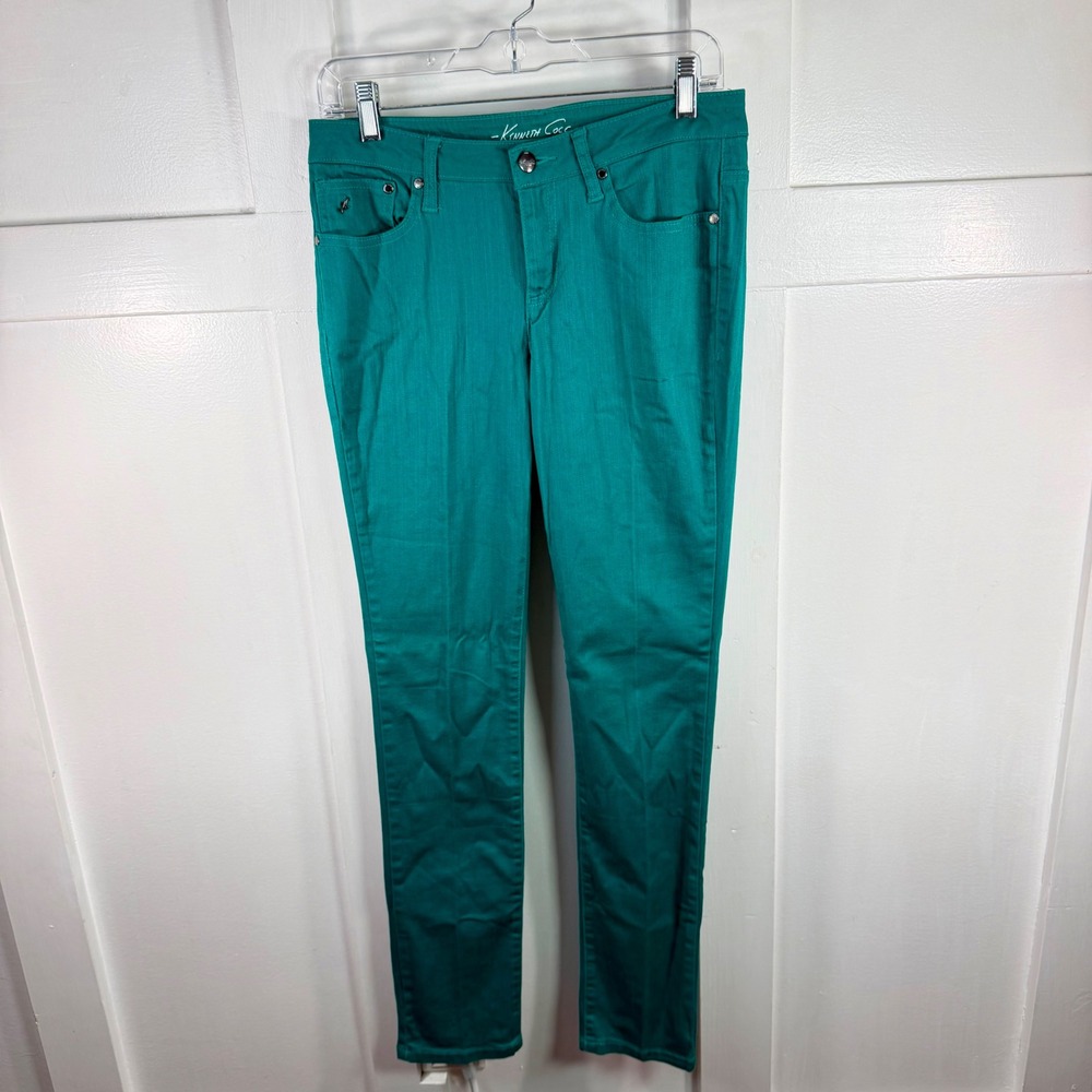 Kenneth Cole New York Womens Teal Green Slim Straight Leg Pants Size 27/4